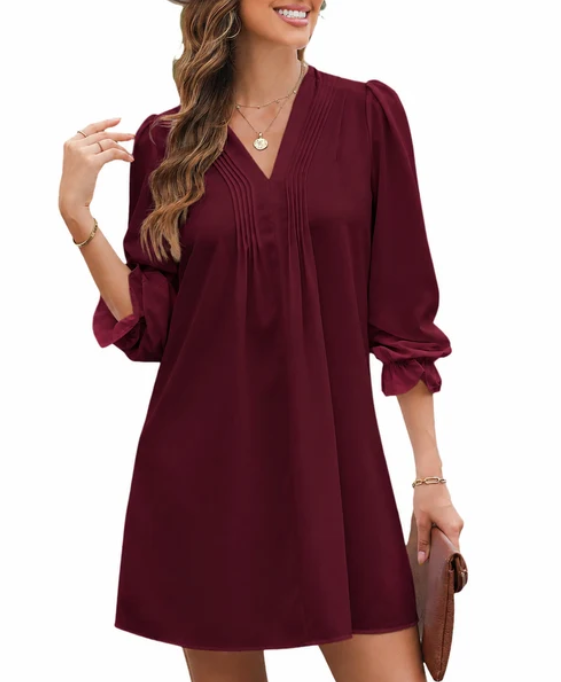Women’s Casual V-   Neck A-Line Dress –   Ruffle Sleeve Pleated   Flowy Midi Dress