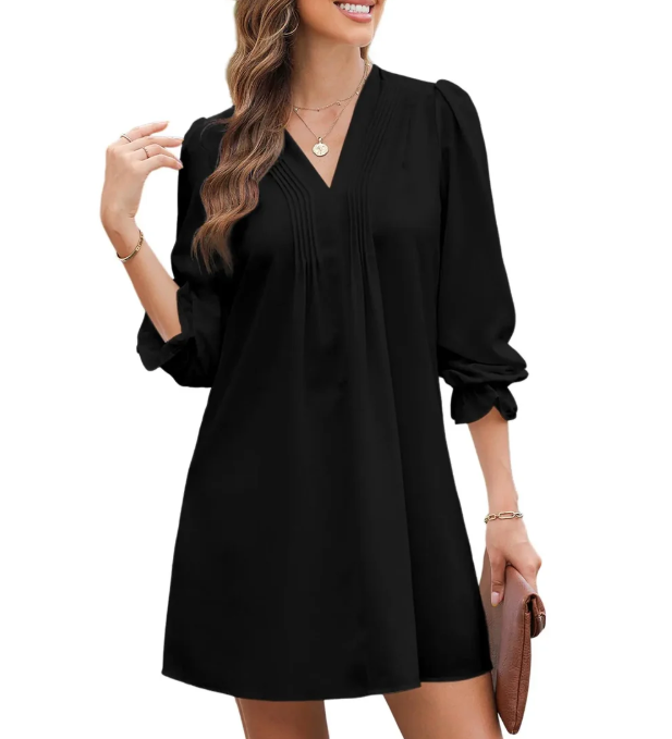 Women’s Casual V-   Neck A-Line Dress –   Ruffle Sleeve Pleated   Flowy Midi Dress