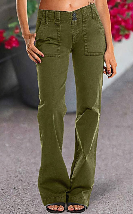 Double Button Mid   Waist Straight Leg Pants