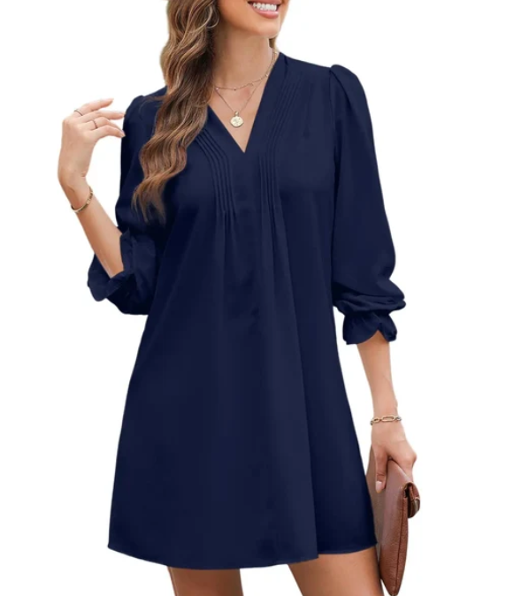 Women’s Casual V-   Neck A-Line Dress –   Ruffle Sleeve Pleated   Flowy Midi Dress