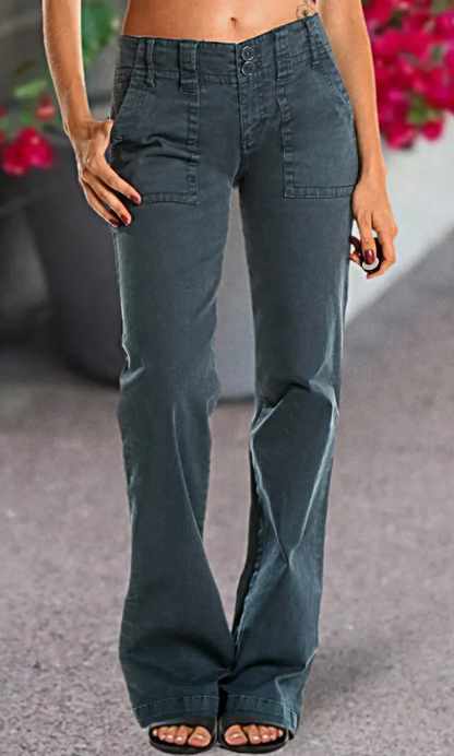 Double Button Mid   Waist Straight Leg Pants