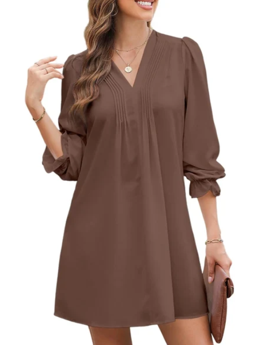 Women’s Casual V-   Neck A-Line Dress –   Ruffle Sleeve Pleated   Flowy Midi Dress